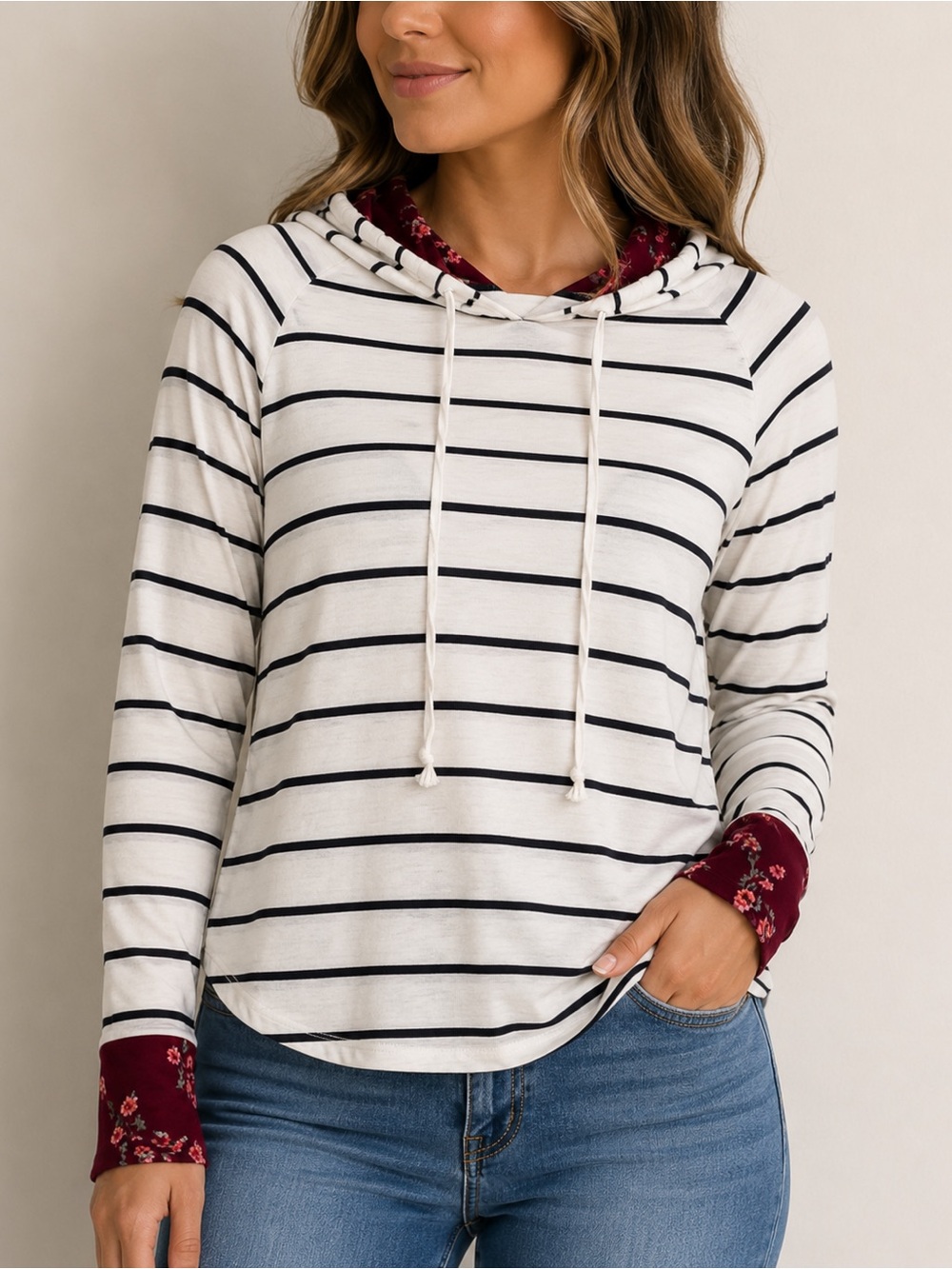 Striped Hooded Pullover with Maroon Hood Lining with flowers size Med light